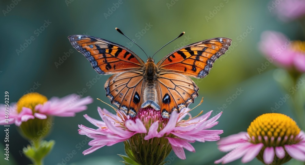 Naklejka premium Butterfly perched on a pink flower with other flowers in the background. Nature and insect scene. Macro photography of butterflies and flowers. The theme of wildlife and flora.