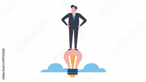 A man in a suit standing on a lightbulb with clouds in the background expressing a creative idea concept