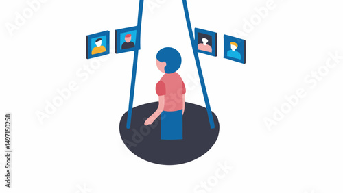 Person standing on a platform surrounded by framed portraits hanging from above in a gallery space