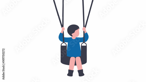 Illustration of a child with dark hair in a blue shirt sitting on a swing with black ropes and seat