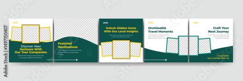 Set of Instagram carousel for travel promos, social media post template for tourism business or agents, creative square banner pack