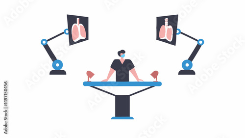 Medical professional examining lung x rays on monitors with surgical lights in a sterile environment