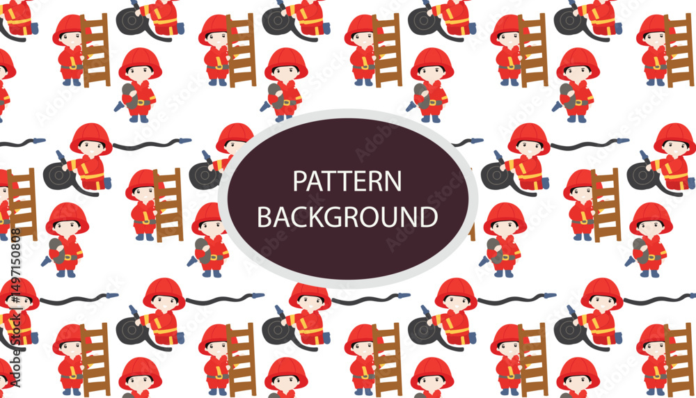 Fototapeta premium Fire fighter pattern background design. Vector baby illustration in scandinavian simple hand-drawn style. The limited palette is ideal for printing on kids clothes, digital paper.