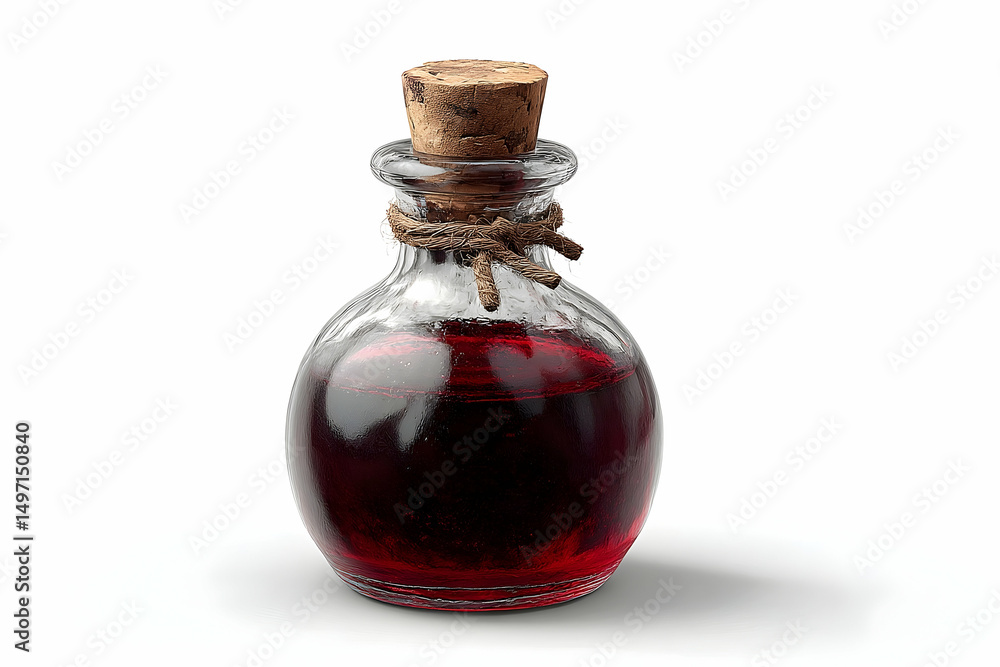 A glass bottle filled with a dark red liquid. A glass bottle filled with a dark red liquid.