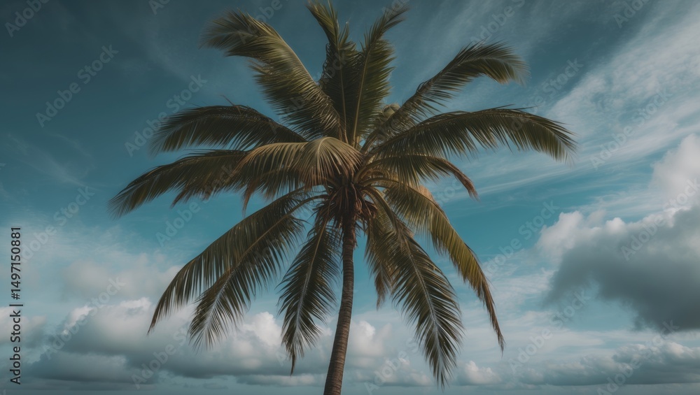 Obraz premium A palm tree against a partly cloudy sky and ocean, providing a tropical and coastal atmosphere.