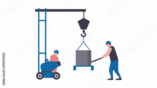 Illustration of construction workers operating a crane lifting a concrete block on a construction site area