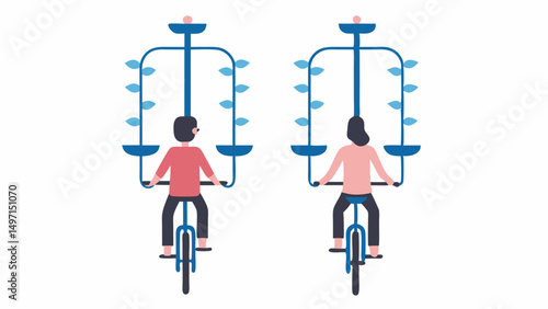 Two people riding bicycles with blue structures including leaves and bowls attached to the bikes behind them