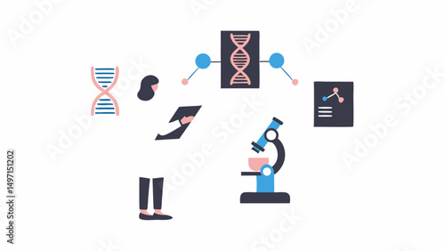 Illustration of a scientist in a lab coat surrounded by scientific equipment and dna structures