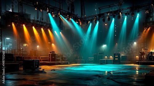 Empty Concert Stage with Urban Night, Lights, and Show.