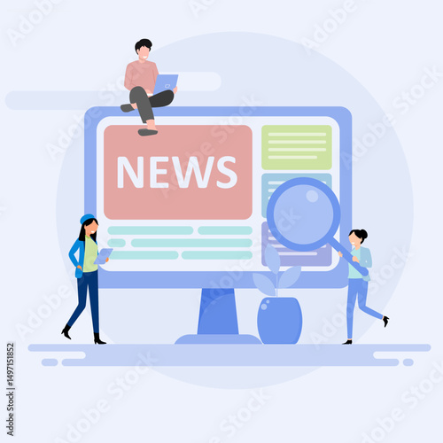 News page concept with characters. Using mobile phones, tablets and computers to read news. Illustrations in flat style for banners, websites, applications.