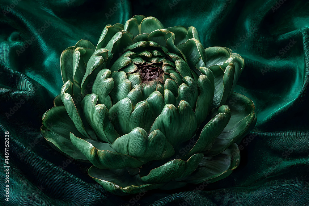 Obraz premium Close-up of a vibrant green artichoke on a deep teal velvet surface.