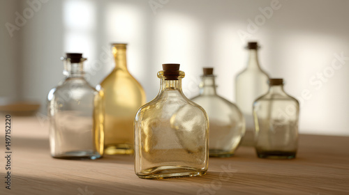 Wallpaper Mural beautifully arranged still life of vintage glass bottles on wooden table with soft blurred background creating Torontodigital.ca