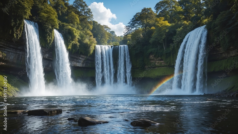 Fototapeta premium Waterfalls on a river with lush green trees and a rainbow in the background. Nature scenery and outdoor landscape photography.