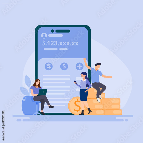Illustration of online mobile banking and mobile payments, Digital banking, e-money, Savings and finance concept.