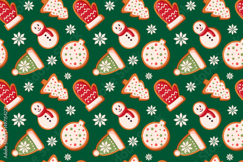 Seamless Christmas gingerbread cookie pattern with festive bakery snowman, mitten, hat, tree and snowflake on green background. Cartoon illustration for holiday, wrapping paper and seasonal desi