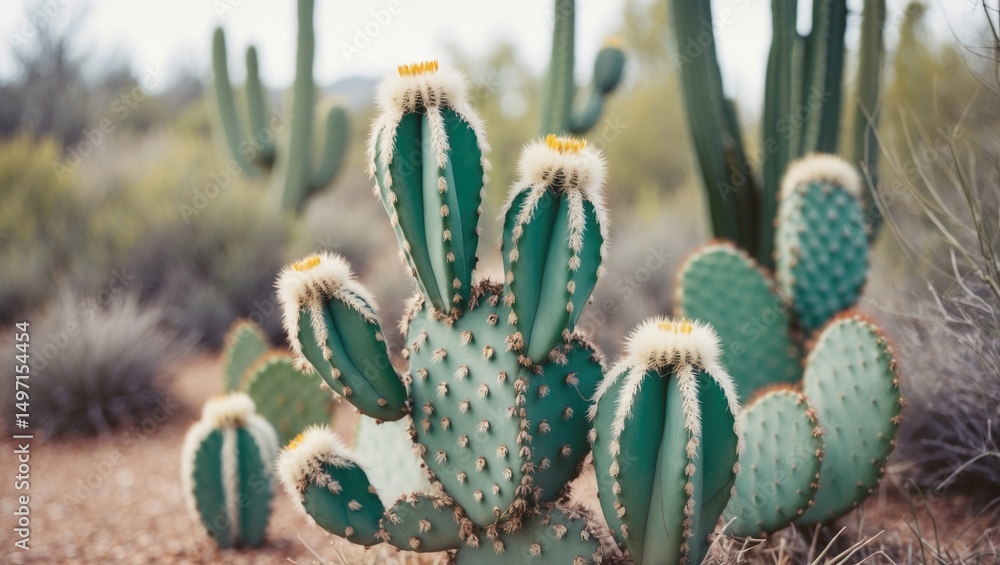 A cactus plant in a desert landscape surrounded by other cacti and desert vegetation. A cactus plant in a desert landscape surrounded by other cacti and desert vegetation.