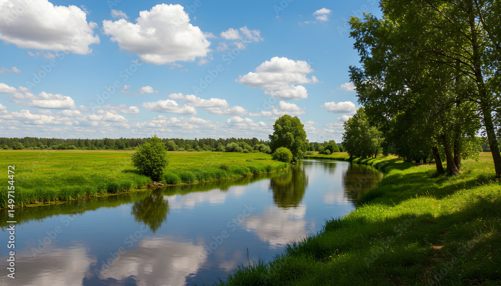 Tranquil winding river reflecting clear blue sky through green meadows with distant forest Tranquil winding river reflecting clear blue sky through green meadows with distant forest