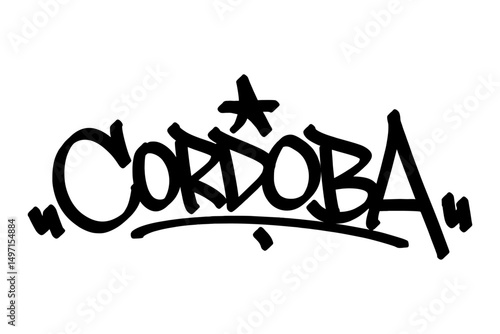 Cordoba graffiti tag in bold black lettering on white background. Clean urban style, perfect for vibrant Argentine city culture, historic charm, and creative street art projects.