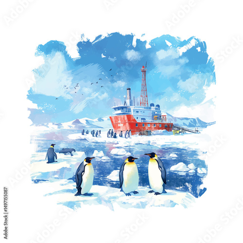 Penguins gather near research ship in the Arctic during a bright, clear day surrounded by ice and water