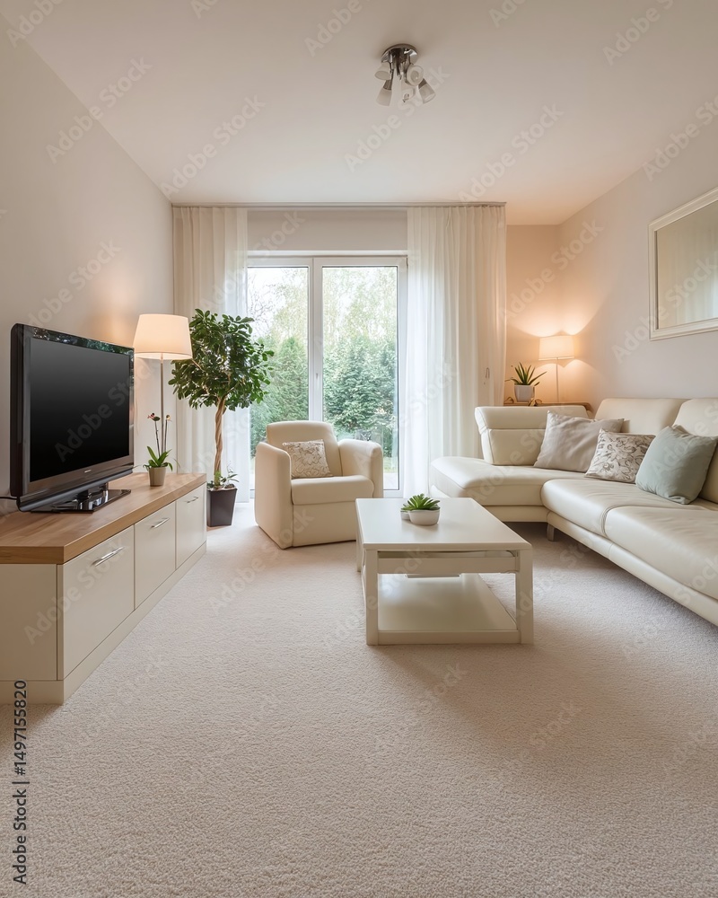 Fototapeta premium Modern living room with cozy furniture, natural light streaming through large windows, and greenery outside
