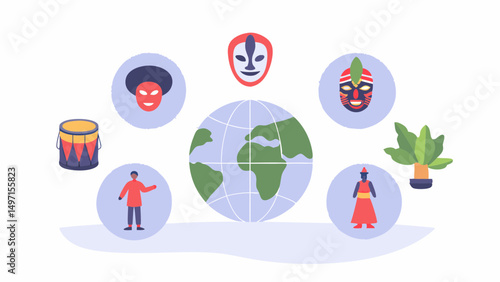 Illustration showing a globe surrounded by cultural symbols like masks, a drum, and a plant pot, etc