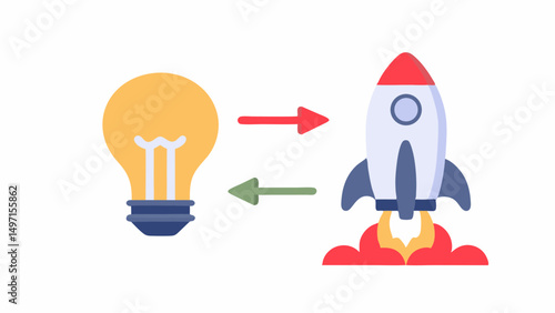 Idea transformation depicted with light bulb converting into a rocket with arrows showing direction