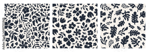 Abstract floral seamless pattern set. Contemporary floral design with black and white flower in a repeatable pattern. Great for wallpaper, apparel, scrapbooking and decor projects. Vector illustration