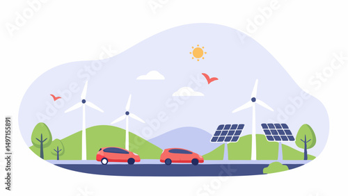 Illustration of renewable energy landscape with wind turbines solar panels and electric cars on the road view