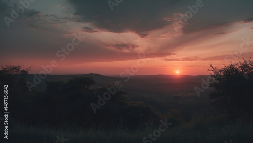 Wallpaper Mural Sunset over a landscape with trees and hills, with colorful sky and clouds. Nature scene during evening. The time of day is sunset. Torontodigital.ca