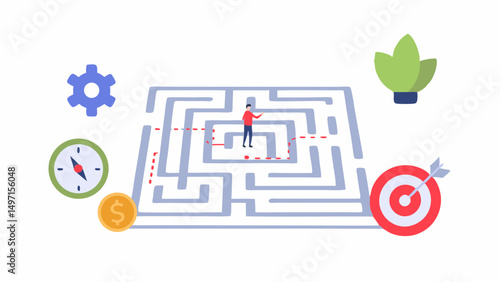 Illustration of a man navigating a maze with a dotted path towards a target with various icons around