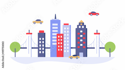 Cityscape illustration featuring buildings, bridges, trees, and cars in a flat design style view scene
