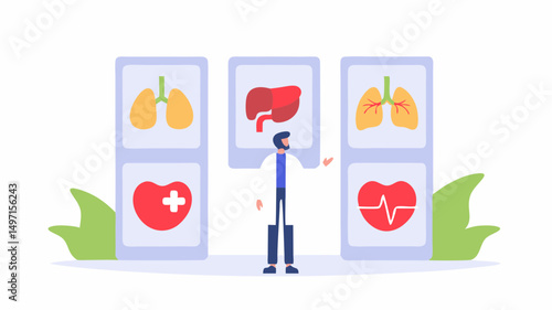 Doctor presenting lungs liver and hearts in frames with green leaves at the bottom in a medical setting