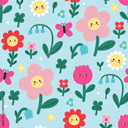 Seamless pattern with cute funny flowers on a blue background. Vector graphics.