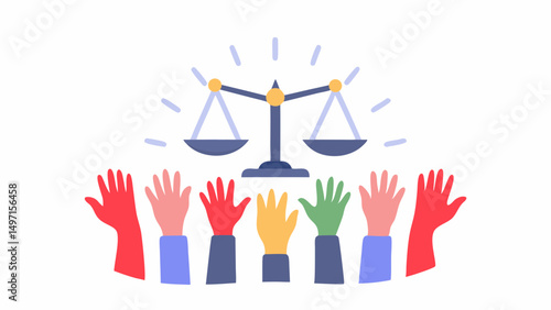 Illustration of scales of justice above diverse raised hands symbolizing equality and fairness for all