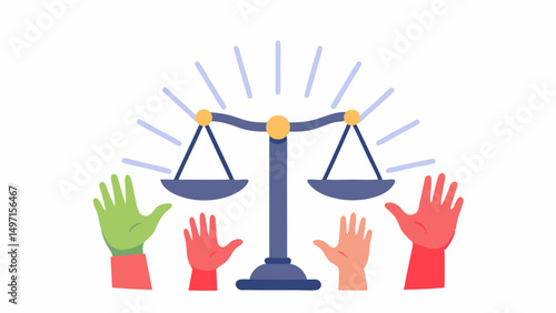 Illustration of scales of justice with raised hands in various colors on a white background scene