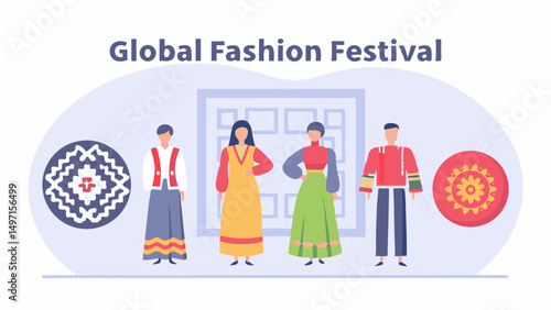 Illustration of global fashion festival with people wearing traditional clothes and ethnic patterns design