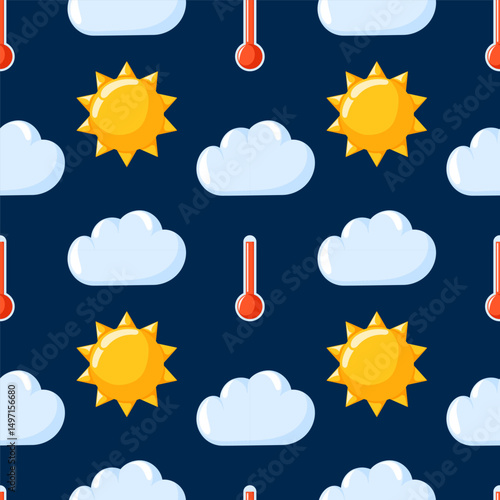 Cloud with sun and thermometer seamless pattern in cartoon. Hand drawn weather, forecast background. Design for nursery wallpaper, wrapping.