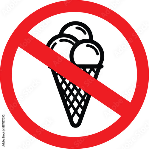 No ice cream allowed sign with red circle and diagonal line over black cone icon