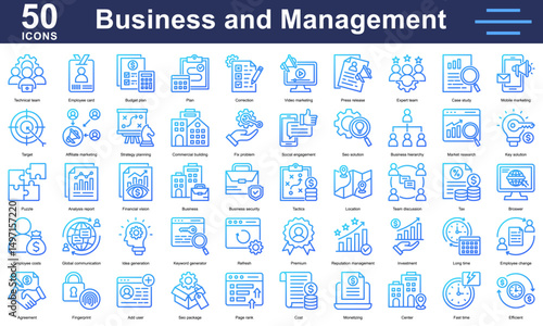 Business and management 50 icons line gradient style featuring strategy, marketing, SEO, teamwork, investment, analytics and planning. Ideal for corporate use.
