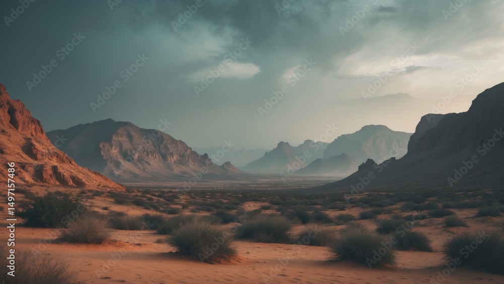 Naklejka premium Desert landscape with mountains under a cloudy sky. Nature and landscape, geological formations, arid environment. The scene of a desert valley with rugged mountains.