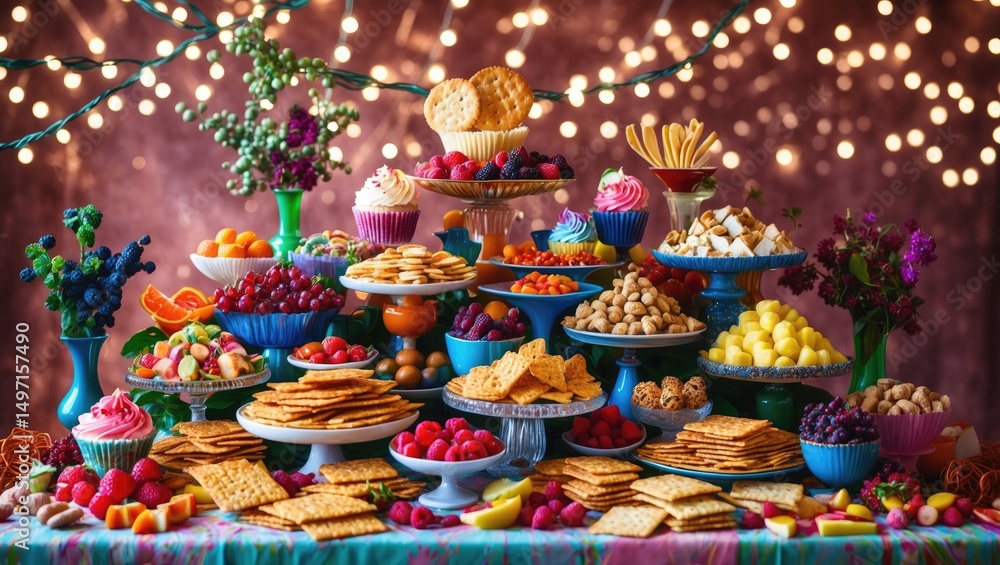 Fototapeta premium Colorful desserts and snacks displayed on multiple plates with decorative lights in the background and floral arrangements.