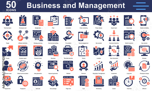 Business and management 50 icons glyph dual tone style featuring strategy, marketing, SEO, teamwork, investment, analytics and planning. Ideal for corporate use.