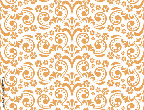 Wallpaper in the style of Baroque. White and golden floral ornament. Seamless vector background. Graphic pattern for fabric, wallpaper, packaging. Ornate Damask flower illustration