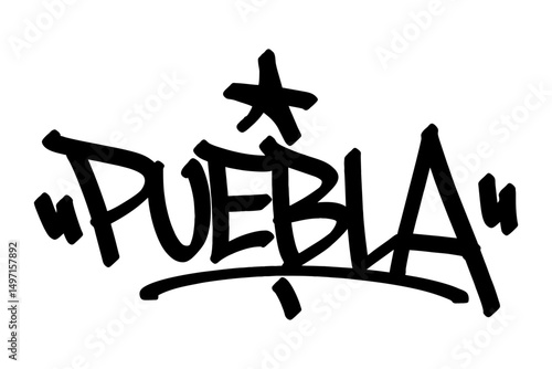 Puebla graffiti tag in bold black lettering on white background. Clean urban style, perfect for vibrant Mexican city culture, traditional vibes, and creative street art projects.