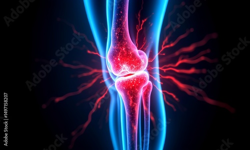 Digital Illustration of Human Knee Joint with Energy Flow Visuals