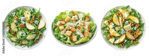 Three distinct salad plates featuring fresh greens, fruits, nuts, and crunchy toppings arranged artistically on a white background