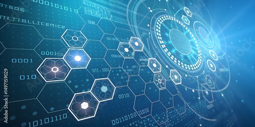 Futuristic Technology Background with Blue Digital Elements and Binary Code