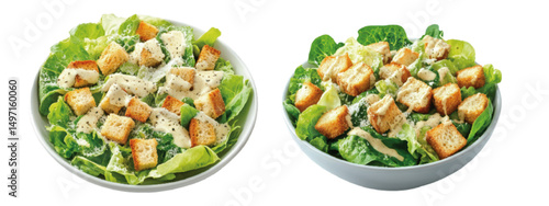 Fresh Caesar salad presented in two different bowls, topped with croutons and creamy dressing, on a white background
