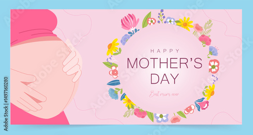 Mother's Day card featuring an expectant mother and floral accents. Vector illustration
