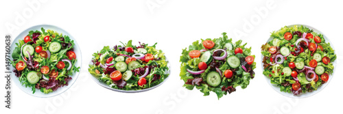 Fresh garden salads featuring colorful vegetables including tomatoes, cucumbers, and lettuce arranged in various circular bowls